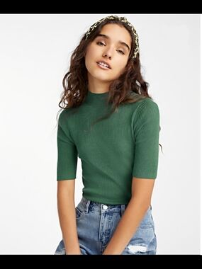 Simons Twik Forest Green Ribbed Short Sleeve Mock Neck Top